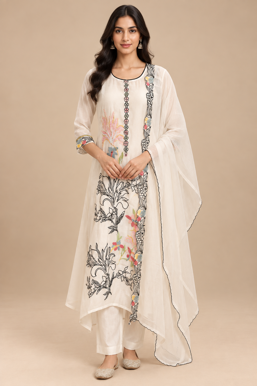 Off White Floral Embroidered Kurta Set with Dupatta